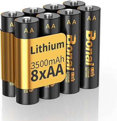 BONAI Pilas de Litio AA, Paquete de 8, 3500mah 1,5V, Batería de Litio AA de Larga Duración y A Prueba de Fugas para Juguetes, Cámaras Digitales, Deportes y Actividades al Aire Libre (No Recargables)